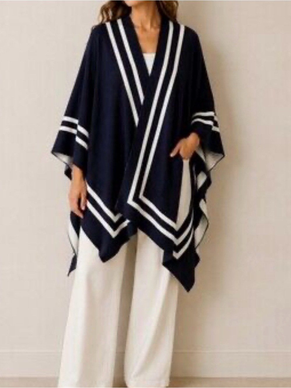Lauren Talph Lauren Navy & White Striped V-Neck Poncho,one size,reversible